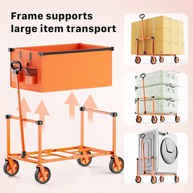 Collapsible Wagon Cart with Wheels, 150L Lightweight Foldable Utility Cart, Portable Rolling Wagon for Garden, Shopping, Sports, Camping, Transport, Tangerine