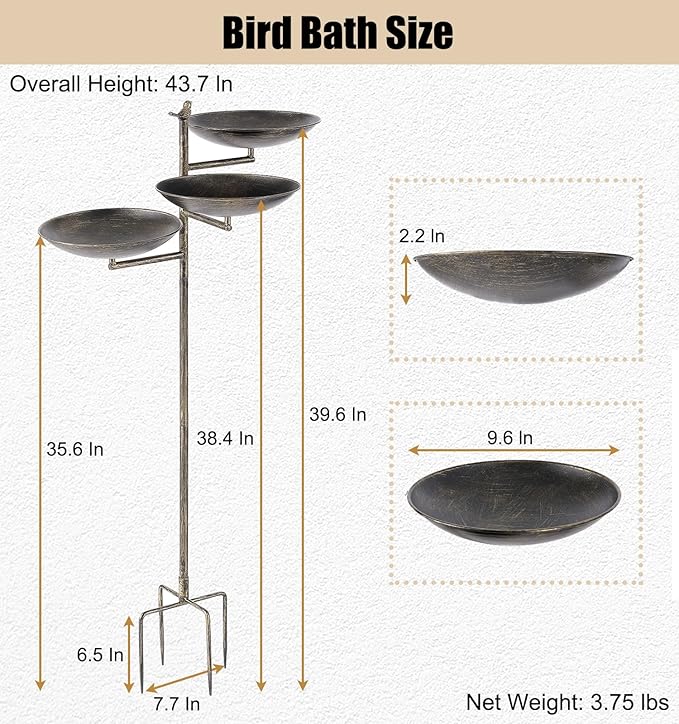 44”H Bird Bath and Feeder for Outdoor with Stake, 3-in-1 Metal Birdbaths with 4-Prong Stake, for Outside Yard Garden Patio