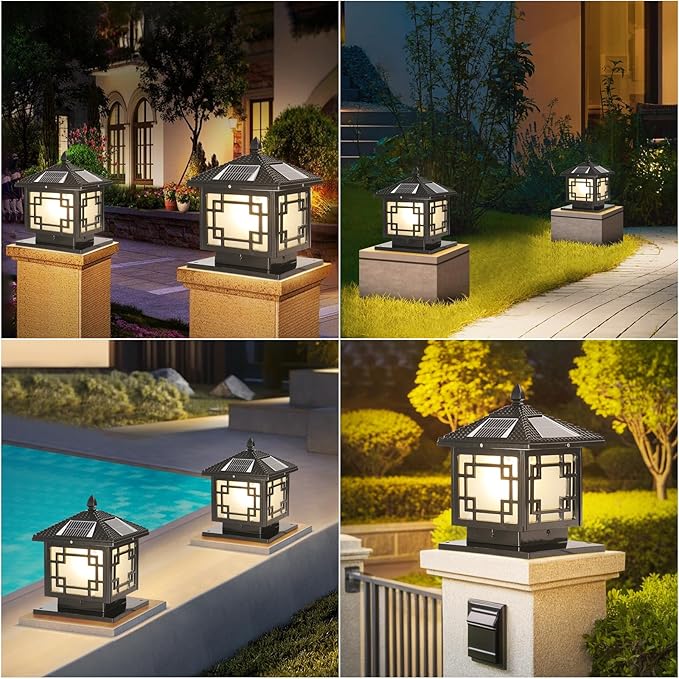 SLAWA 9.8In Solar Lighting Lantern Outdoor Post Caps Light with Solar Powered LED Column Lamp Black Square Waterproof Pillar Lamp Outside Housing Landscape Lighting Fence Deck Mailbox Pedestal Lantern