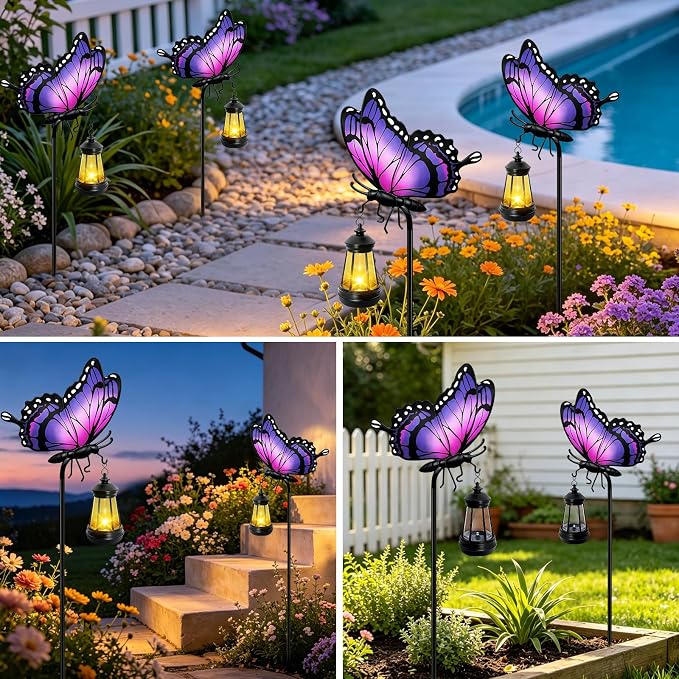 Solar Butterfly Garden Lights Outdoor, Purple Butterfly Hanging Lantern with Warm LED Glow, Waterproof Metal Stake Light for Yard Patio Lawn Pathway, Decorative Solar Garden Decor Gifts for Women Mom