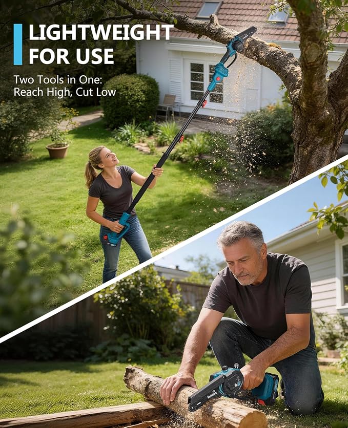 2-in-1 Cordless Pole Saw, 6 Inch 1000W Brushless Electric Pole Saws for Tree Trimming with 2 Batteries, 16ft Max Reach, Pole Chainsaw for Tree Limb Branch Cutter Pruner