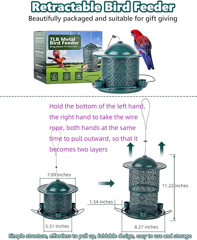 Metal Bird Feeders for Outdoors Hanging, Weather Resistant Wild Bird Feeder with 360 Degree Feeding Tray, Green (Vintage Green)
