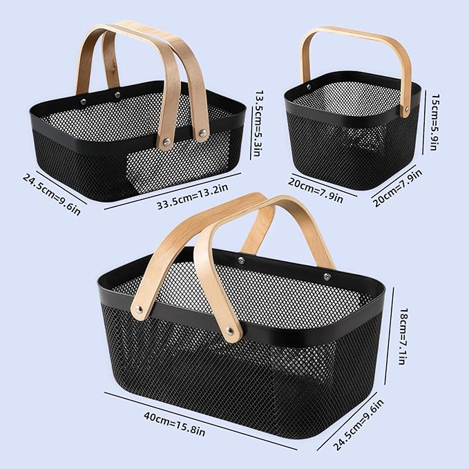 3pcs Collapsible Wooden Handle Plastic Harvest Basket - Rectangular Garden Storage Basket for Picking and Collecting Vegetables, Fruits - Ideal for Garden Cabinets & Outdoor Use (Black)