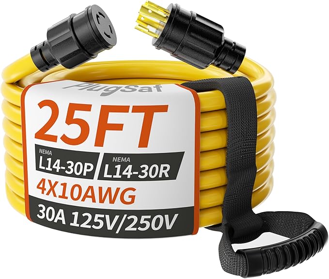 PlugSaf 25FT 30 Amp Generator Extension Cord 4 Prong, NEMA L14-30P/L14-30R 10 Gauge STW 125/250V Twist Lock Generator Cord Heavy Duty, Yellow ETL Listed