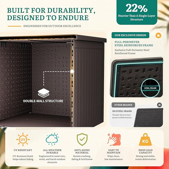 YITAHOME 230 Gallon Extra Large Outdoor Storage Box, Waterproof Double-WallDeck Box with Hydraulic Piston for Garden Tools, Pool Accessories & Cushions, Resin Deck Organizer with Bench Seat(Brown)