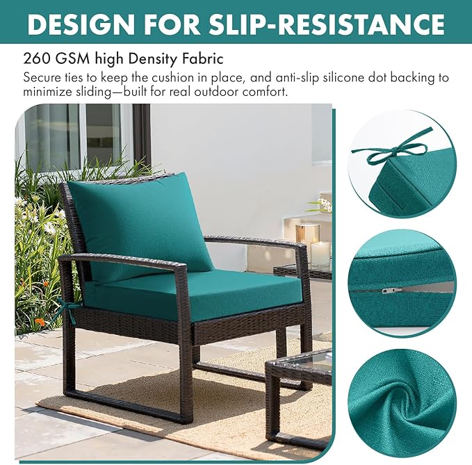 MIULEE Turquoise Outdoor Seat Cushion Set 22x22 Inch Linen Textured Waterproof & 3 Year Color Fastness Seat and Back Cushion with Ties No Slip Design for Patio Furniture Chair Sofa Couch