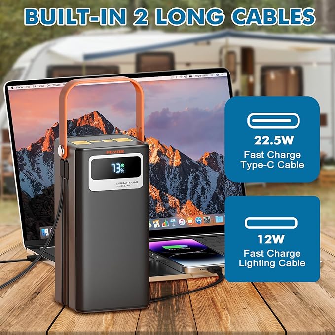 PGYOB Portable Power Station 166Wh, 22.5W Fast Charging Power Bank with Built-in Cables for iPhone/Android/MacBook, 45000mAh Battery Solar Generator with LED Light for Camping & RV, Home, Travel
