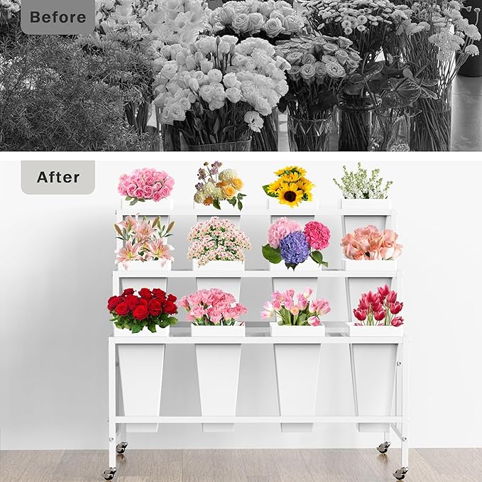 VGMiu Flower Display Stand with 12 Buckets, Flower Cart 3 Layers White Metal Flower Bar Stand with Wheels, Moving Florist Bouquet Shelf for Weddings Florist Indoor Outdoor Patio Garden Living Room