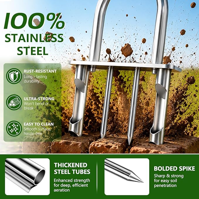 Bigwish Manual Lawn Core Aerator Tool with 2 Hollow Tines & 2 Spikes, Adjustable Semi-Assembled Plug Aerator, Stainless Steel Grass Aerator for Lawn Care, Garden & Yard, Relieves Compacted Soil