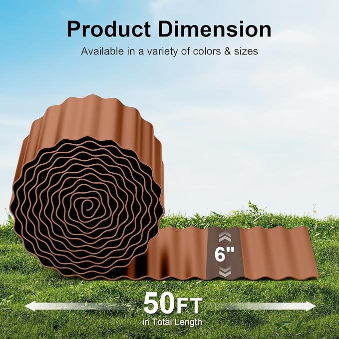 Land Guard Corrugated Garden Edging Border, 6"×50' Landscape Paver Edging, Tall Landscape Edging, Fence for Garden, Flower Bed, Lawn and Landscape Edging (Red Rust)