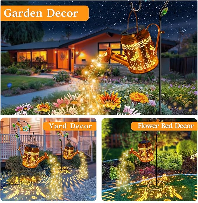 Solar Dragonfly Watering Can Lights Waterproof, Perfect Gift for Mom Grandma Women Wife Daughter Mother's Day, Outdoor Garden Decor with Shepherd Hook, Hanging Lights for Patio Yard, Porch, Backyard