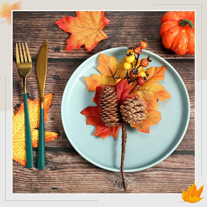 Boao 12 Pack Fall Stems Artificial Berry Picks Fall Picks with Maple Leaves Pine Cone Branches Decorations for Harvest Autumn Thanksgiving Day Flower Arrangements Wreaths Indoor Outdoor Home Decor