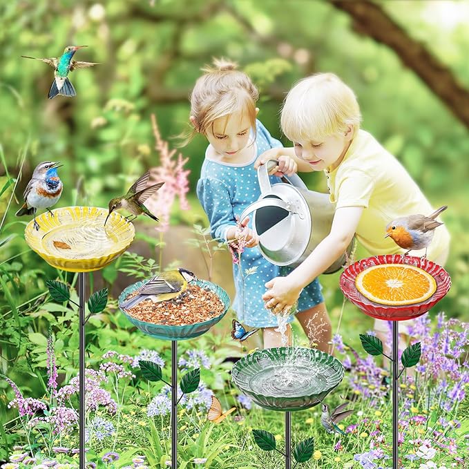 Metal Bird Bath for Outside, 2-in-1 Hummingbird Bird Bath & Bird Feeder, Metal Birdbath Bowl, Outdoor Bird Bath Decor for Garden Yard Lawn Backyard Patio (4PCS Herbacin)