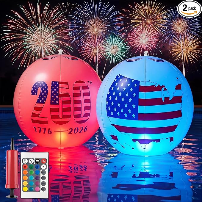 2 Pack Solar Floating Pool Lights 16", America 250th Anniversary Decorations, Patriotic Light Up Inflatable Beach Balls with Remote, Color Changing IP68 Waterproof Pool Decor for 4th of July Party