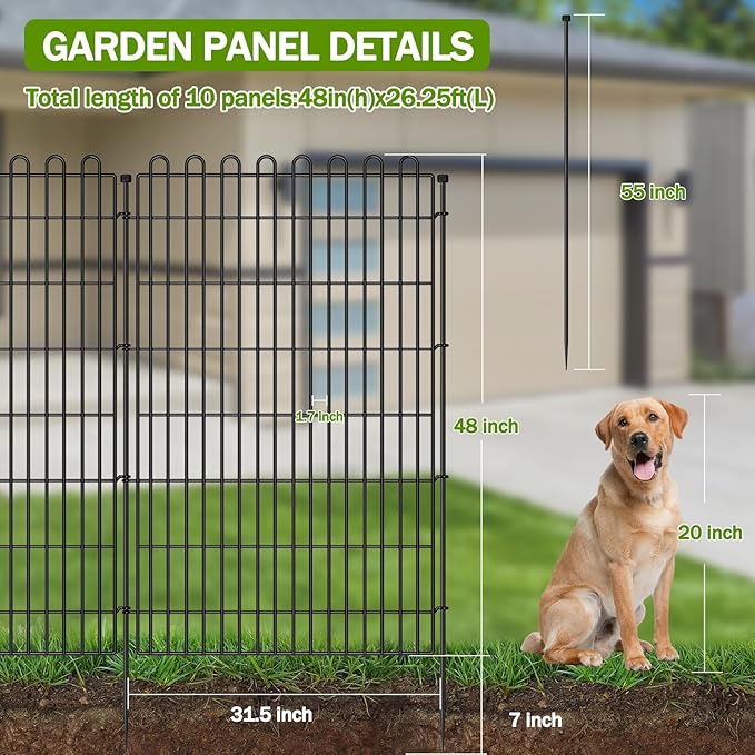 10 Panels No Dig Decorative Garden Fence for Yard, 48 in(H) X 26.25 ft(L) Animal Barrier Fencing for Outdoor Dog, Metal Portable Garden Fences for Borders, Pets, Landscape, Temporary Fence