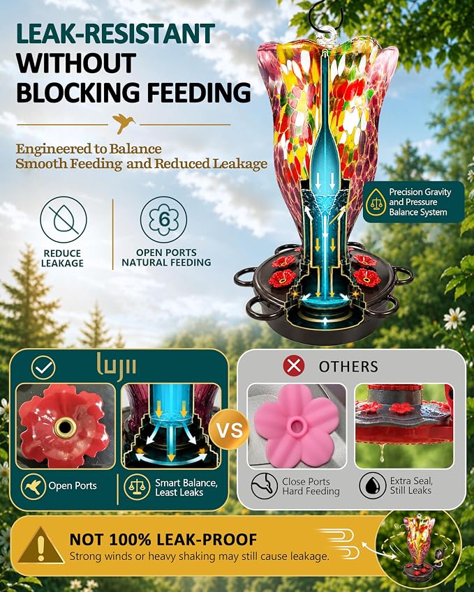 LUJII Smart Hummingbird Feeder with Camera, Hand Blown Glass for Outdoor Hanging, Solar WiFi Feeder with Live View App, 6 Feeding Ports, Leak-Resistant Design, Ant Moat & Gift Box, 32 fl oz, Purple