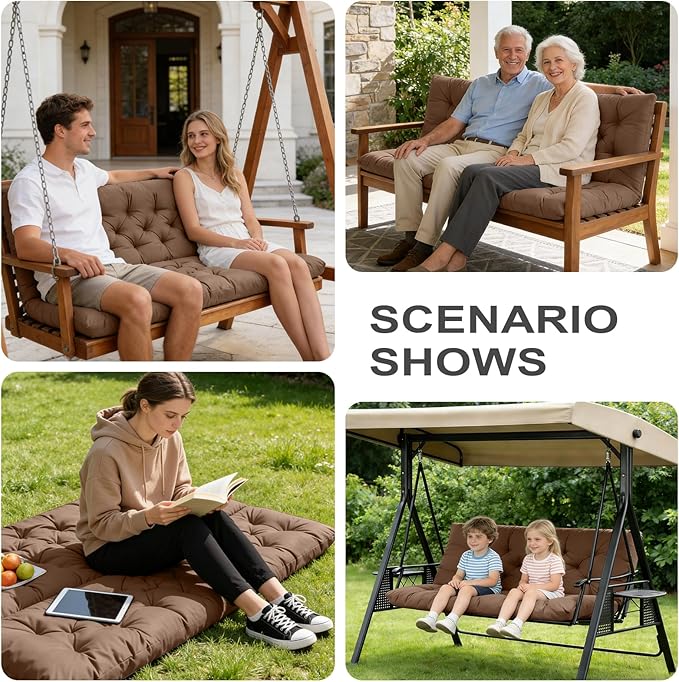 Porch Swing Cushions,Outdoor Cushions 3 Seater Replacement with Backrest, Waterproof Thickened Bench Cushion with Ties for Porch, Patio,Outdoor, Backyard and Garden (Coffee 47 * 40 in)