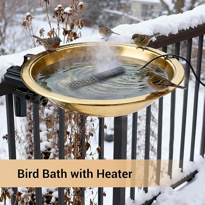 12" Heated Bird Bath 50W Heater Railing/Fence Mount Golden Metal Bird Water Feeder for Deck/Balcony/Porch