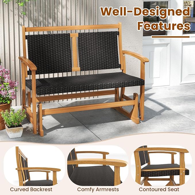 Tangkula Patio Rattan Glider Bench, Swing Gliding Rocker w/Acacia Wood Frame & Wicker Seat Back, Outdoor Rocking Armchair w/Curved Armrests for Porch, Backyard, Poolside (2 Seat)
