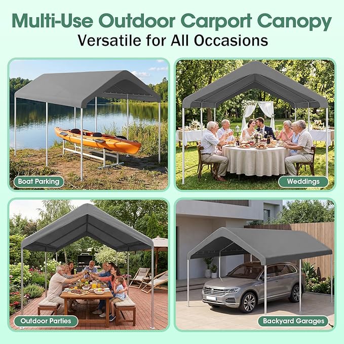 10x20FT Canopy Replacement Cover, Carport Replacement Canopy for 10' x 20' Frame, 800D Oxford Waterproof & UV Protected Tarp with Ball Bungees (Frame is not Included) (Gray)