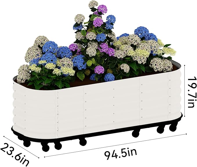 GarveeHome Self-Watering Wheeled Metal Garden Bed – Mobile Raised Planter Box with Water, Galvanized Steel Indoor/Outdoor Rolling Grow Station for Herbs, Veggies & Decor (94.5"x23.6"x19.7"),White
