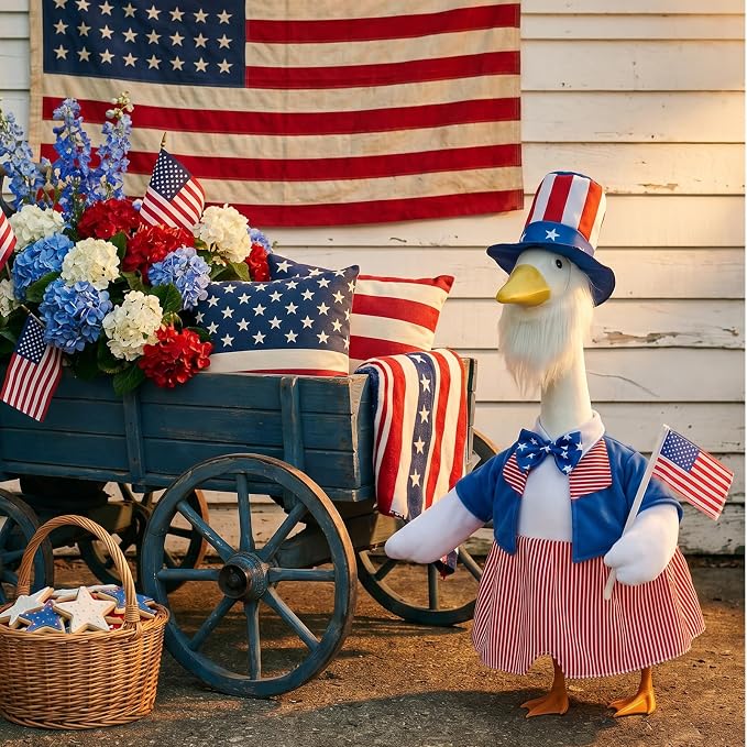 4th of July Porch Goose Outfit with Soccer Goose Outfit, Patriotic Uncle Sam Goose Costume with American Flag & World Cup Fit 23" Geese Statues Garden, Patio, Lawn Yard Decor