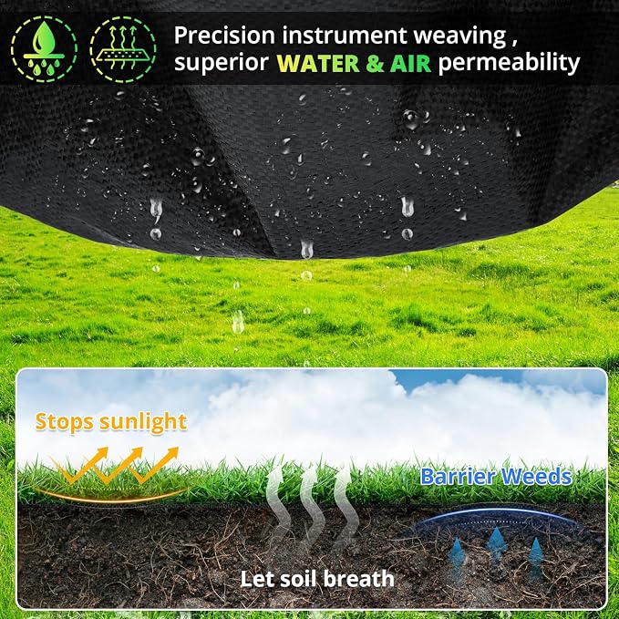 6FT x 300FT Heavy Duty Landscape Fabric, 3.2oz Woven Geotextile Weed Barrier with 60 U-Shaped Pegs & Pre-printed Cutting Lines, Durable Ground Cover for Professional Garden Beds, Driveway, Greenhouse