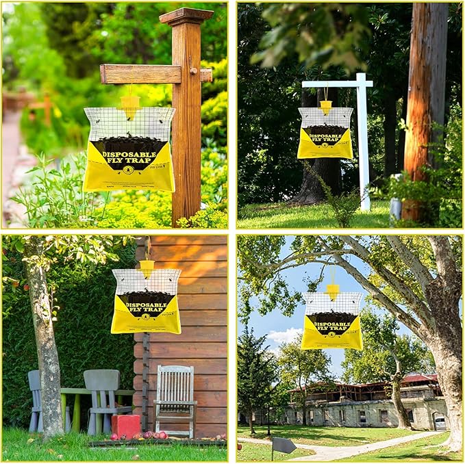 Glovv Fly Traps Outdoor Hanging with Fly Bait, 4 Pack Disposable Bags Hunter Ranch Trap, Flies Control Bug Catcher Killer Repellent for Stable Horse Barn & Farm