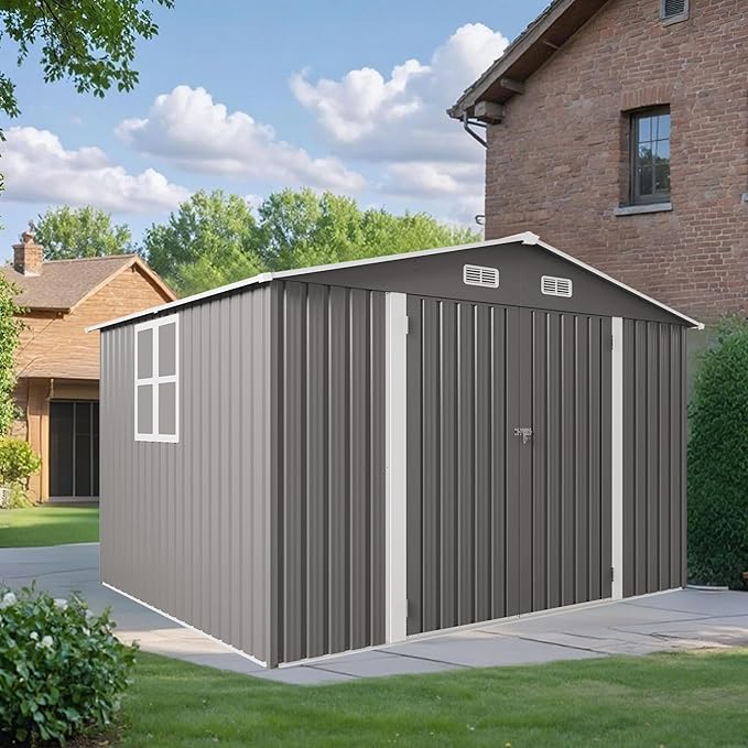 KEIKI 10x8 FT Outdoor Metal Storage Shed with Vent,Window and 2 Swing Door,Sloped Roof for Patio Backyard Bicycles