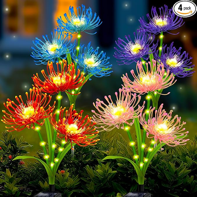 Solar Garden Flower Lights Outdoor,4 Pack 4 Colors Spider Lily Waterproof with Glowing Stems,Elegant Yard & Patio Decor,Ideal Mother's Day & Gardening Ornament or Gifts for Women,Mothers &Grandma