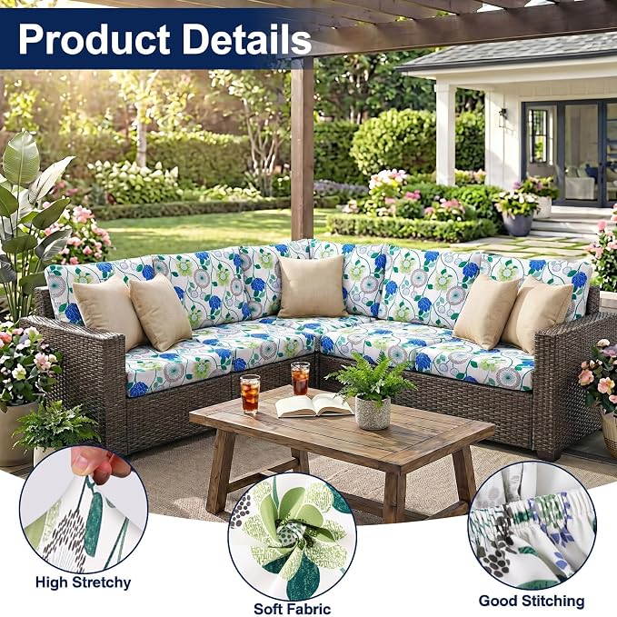 Smiry Waterproof Patio Cushion Covers, Stretch Outdoor Couch Slipcovers Replacement Washable Furniture Protector Sofa Chair Seat Cover for Dogs and Pets (4 Pcs, Light Green)