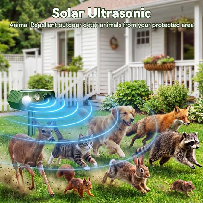 Ultrasonic Animal Repellent Outdoor witht Motion Sensor&LED Strober Ligh Cat Deterrent Outdoor Deer Repellent Device to Scare Fox Dog Raccoon Squirrel Skunk Rabbit (2-Pack)
