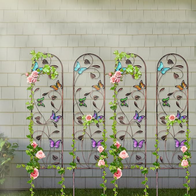 aboxoo Set of 4 Packs Butterfly Metal Garden Trellis for Climbing Plants,Outdoor Decorative Flowers Arch Fence Trellis for Outdoor Patio,Garden,Lawn,Yard,Backyard,Wall Brackets,60'' H x 11'' W