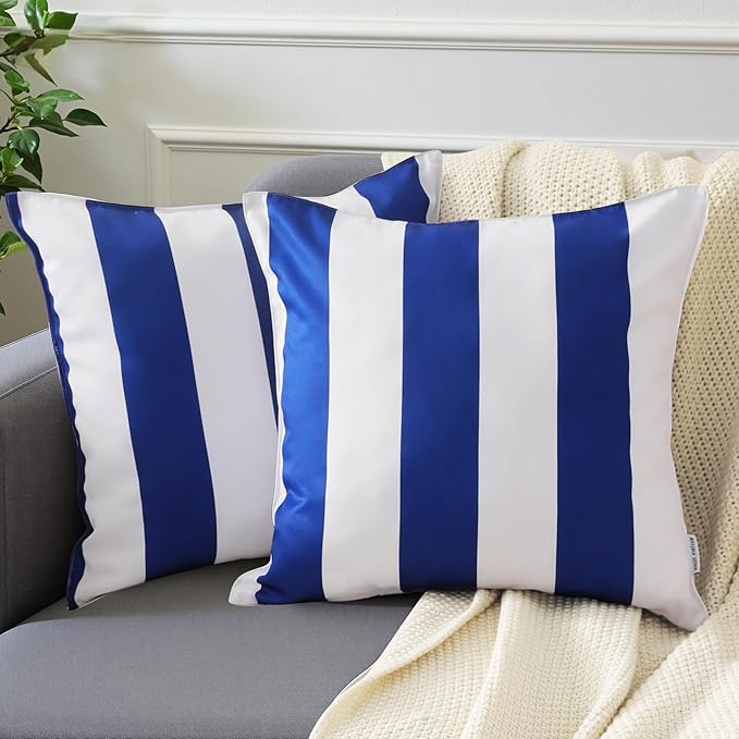 Western Home Pack of 2 Decorative Outdoor Solid Waterproof Striped Throw Pillow Covers Polyester Linen Garden Farmhouse Cushion Cases for Patio Tent Balcony Couch Sofa 18x18 inch Blue