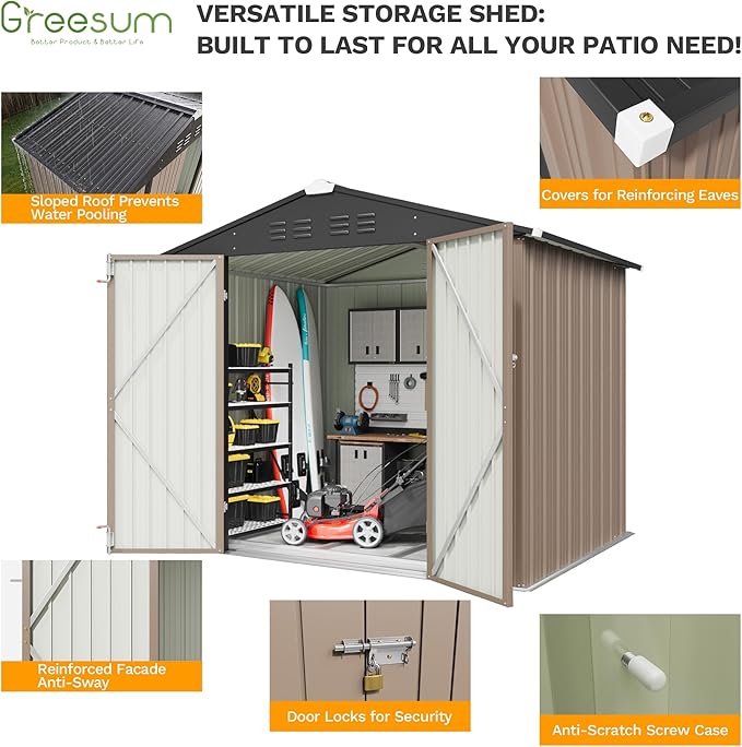 Greesum 8x6FT Outdoor Storage Shed with Base, Utility Tool Shed with Sloping Roof, Metal Storaged Garden Shed with Door & Lock for Patio Storage, Brown