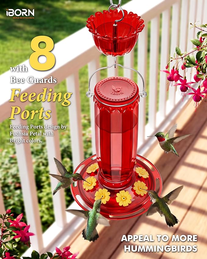 iBorn Hummingbird Feeders for Outdoors Hanging with Ant Moat for Hummingbird Feeder Glass 8 Ports for 16oz Humming Bird Nectar,Yellow Flowers Red Glass, Pack of 1
