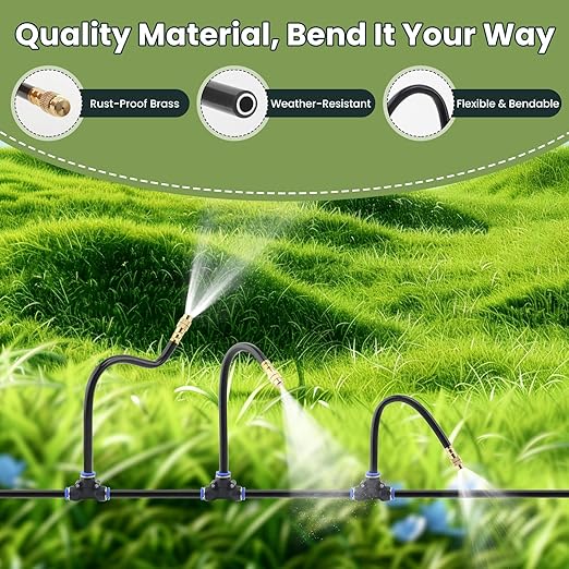 Automatic Drip Irrigation Kits - Garden Watering System with 360° Bendable Spray Adjustable Copper Atomizing Nozzles for Yard, Lawn, Raised Bed, Greenhouse, Potted Plants (15 Nozzles, 50FT Hose)