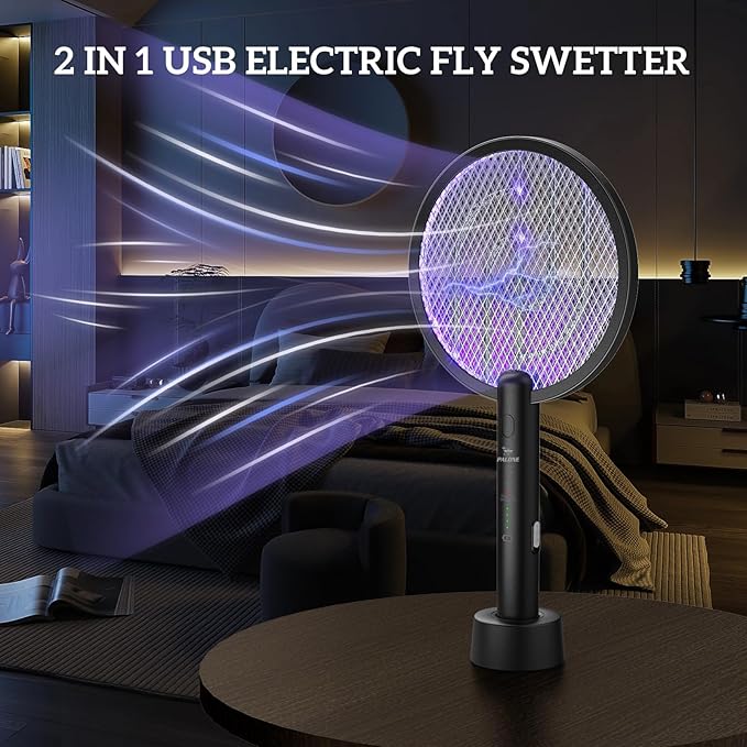 Electric Fly Swatter PALONE, 4000V Dual Modes Bug Zapper Racket, Mosquito Killer with Type-C Charging Dock, Insect Zapper with 3-Layer Safety Mesh Electric Fly Swatter for Indoor/Outdoor, Black 2 Pcs
