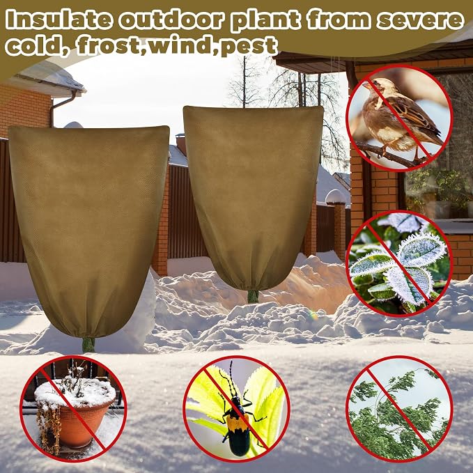 6 Pcs Winter Plant Covers Freeze Protection 48" x 72" 2.2oz Large Tree Wrap for Winter with Drawstring and Zipper Frost Blankets for Plants Frost Cloth Outdoor Cold (Brown)