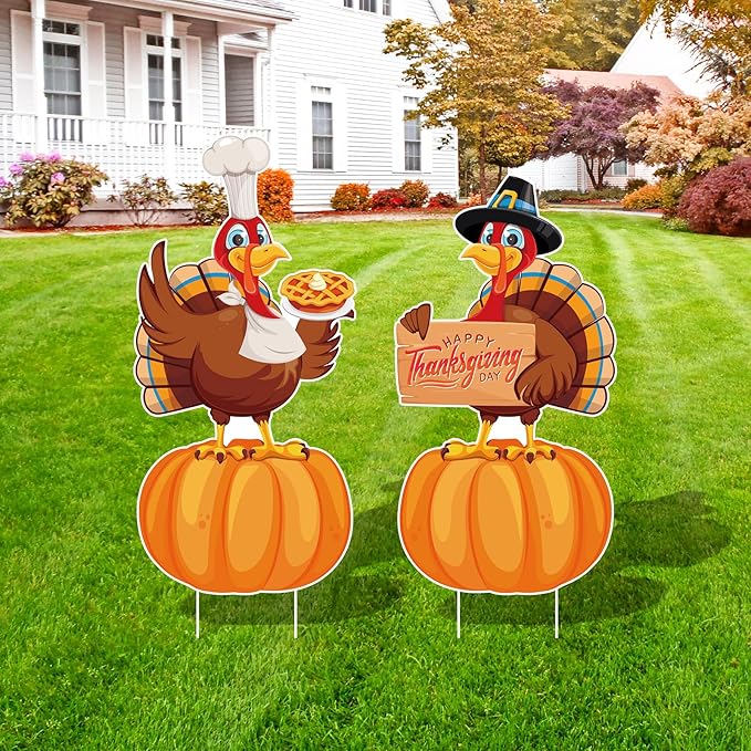 Large Thanksgiving Yard Signs 2pc with Stakes Happy Thanksgiving Decorations Outdoor Turkey Pumpkins Harvest Garden Wall Porch Signs Seasonal Holiday Party Supplies Lawn Yard Decorations