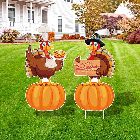 Large Thanksgiving Yard Signs 2pc with Stakes Happy Thanksgiving Decorations Outdoor Turkey Pumpkins Harvest Garden Wall Porch Signs Seasonal Holiday Party Supplies Lawn Yard Decorations