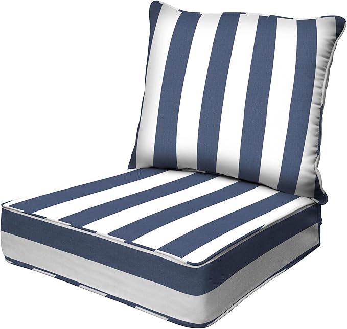 Honeycomb Outdoor Heritage Deep Seat, 25 x 26, Cabana Stripe Blue & White Chair Cushion with Removable Cover, for Patio Furniture