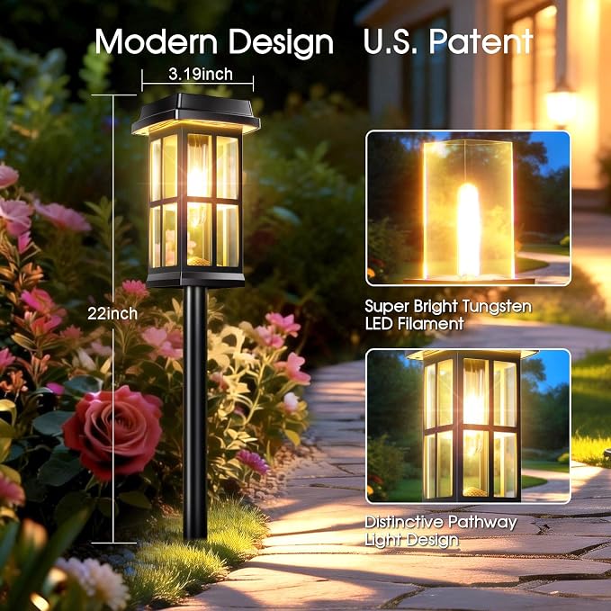 Garpar Solar Pathway Lights Outdoor 4 Pack, Window-Style with Metal Pole | 3500K Warm White, 2 Lighting Modes, Up to 18hrs Runtime, IP65 Waterproof, Ideal for Yard, Walkway, Driveway, Patio