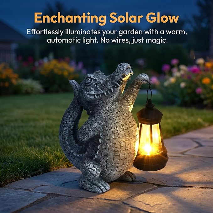 Alligator Solar Garden Decor Outdoor Statue, Crocodile Solar Garden Statues Yard Decorations with Lamp for Outdoor Decor, Unique Yard Art Lawn Sculpture Ornament for Front Porch Patio