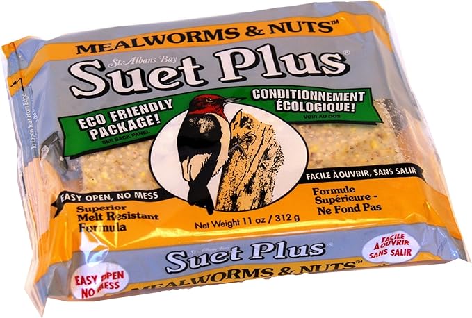 Wildlife Sciences Mealworms & Nuts Suet Cakes, 11 oz. Each, 12 Pack, High-Energy Wild Bird Food with Peanuts, Corn, Millet & Mealworms, No-Mess Melt-Resistant Suet, Individually Wrapped