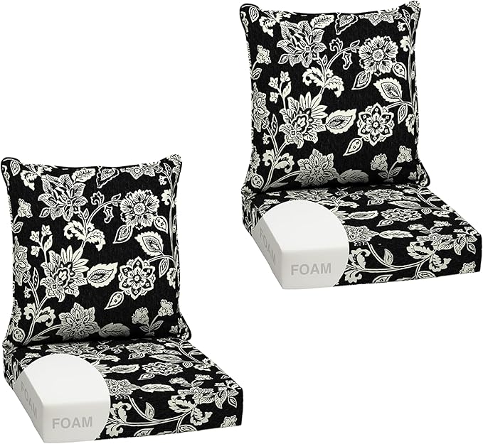 Arden Outdoor Foam Deep Seat Cushion Set (2-Pack), 24x24, Premium High-Density Foam, Never Flattens, Weather-Proof for Patio Chair Sofa Couch, Ashland Black Jacobean