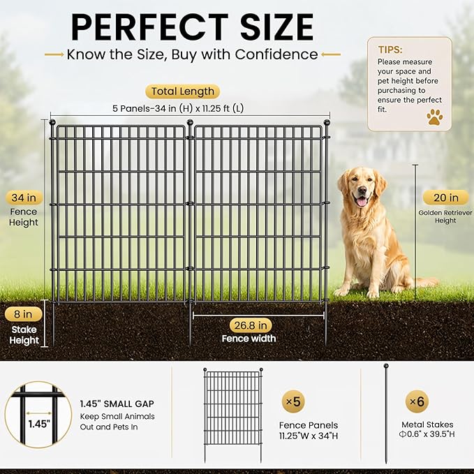 5 Panels No Dig Garden Fence Animal Barrier, 34in(H) × 11.25ft(L) Decorative Metal Outdoor Dog Fence, Rustproof Pet Fencing for Yard, Patio, Flower Bed -Temporary Fencing| Easy to Install