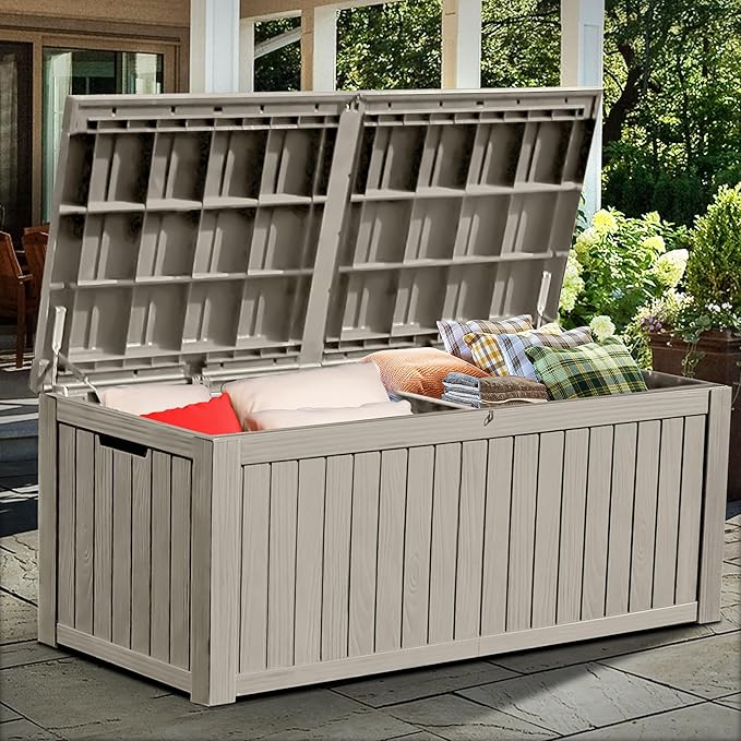 YITAHOME 180 Gallon Large Outdoor Storage XL Deck Box w/Divider for Patio Furniture,Outdoor Cushions, Garden Tools, Sports Equipment and Pool Supplies, Waterproof, Resin, Lockable, Taupe