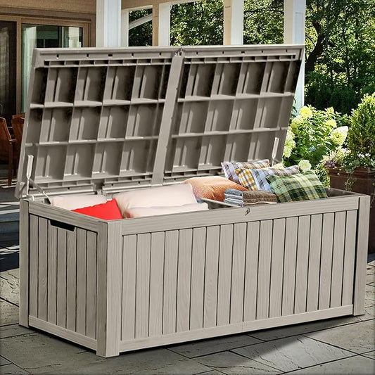 YITAHOME 180 Gallon Large Deck Box w/Divider, XL Waterproof Outdoor Storage for Patio Furniture,Outdoor Cushions, Garden Tools, Sports Equipment and Pool Supplies, Resin, Lockable, Taupe