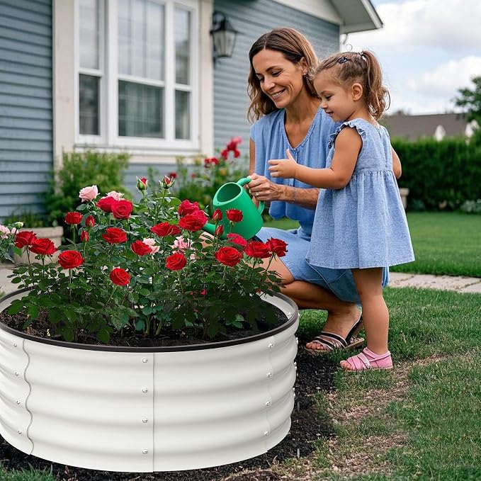 Garvee Galvanized Raised Garden Bed, 2Pcs Raised Garden Beds Outdoor, Round Planter Raised Beds with Gloves and Rubber Edge Trim for Vegetables, Flowers and Herbs, 3x3x1 FT, White